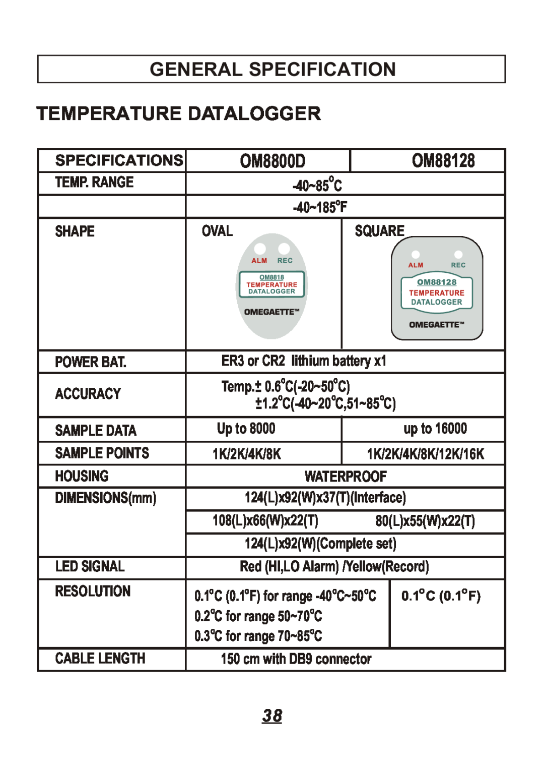 Omega Engineering OM8828, OM8829 manual General Specification Temperature Datalogger, OM8800D, OM88128 