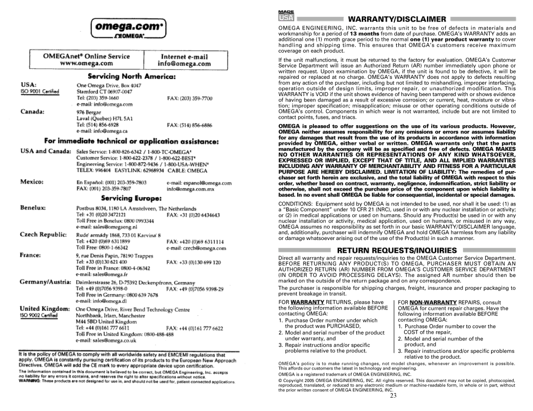 Omega Engineering OMA-VM520-DCP installation instructions Warranty/Disclaimer 