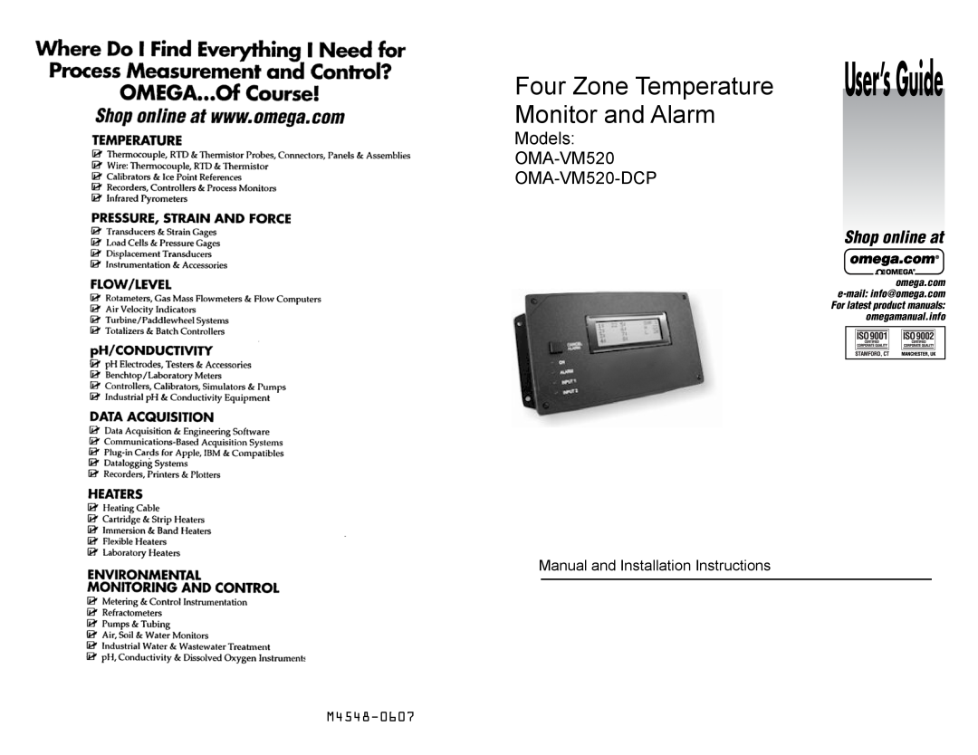 Omega Engineering OMA-VM520 installation instructions User’s Guide, Four Zone Temperature Monitor and Alarm, M4548-0607 