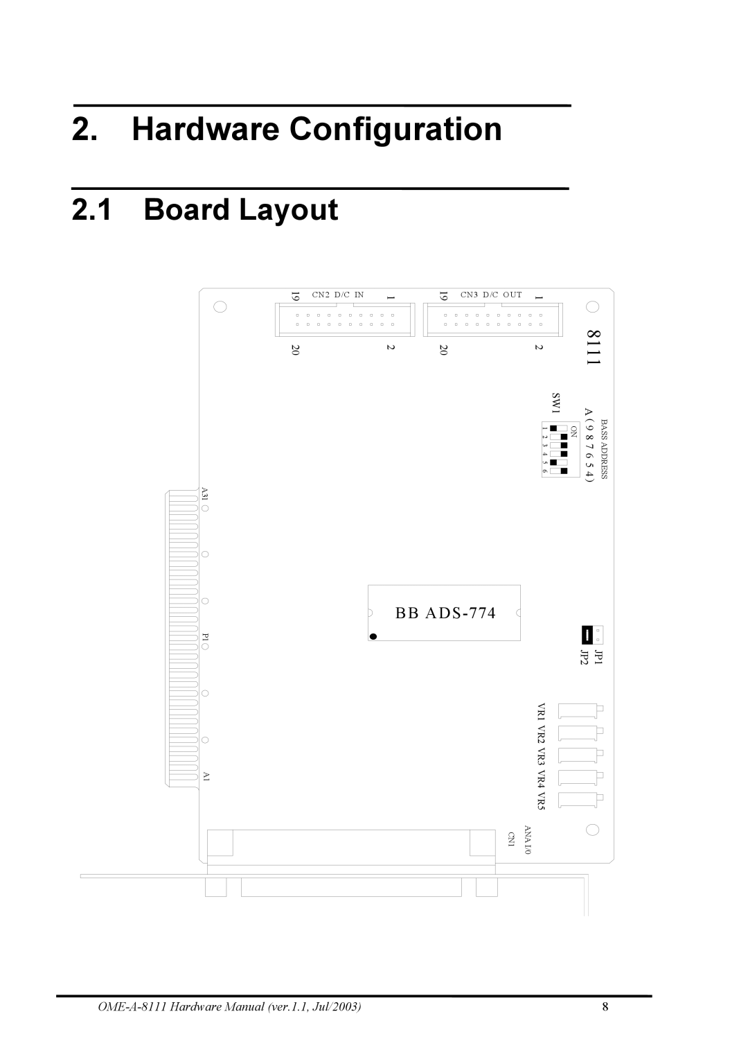 Omega Engineering OME-A8111 manual Hardware Configuration, Board Layout 