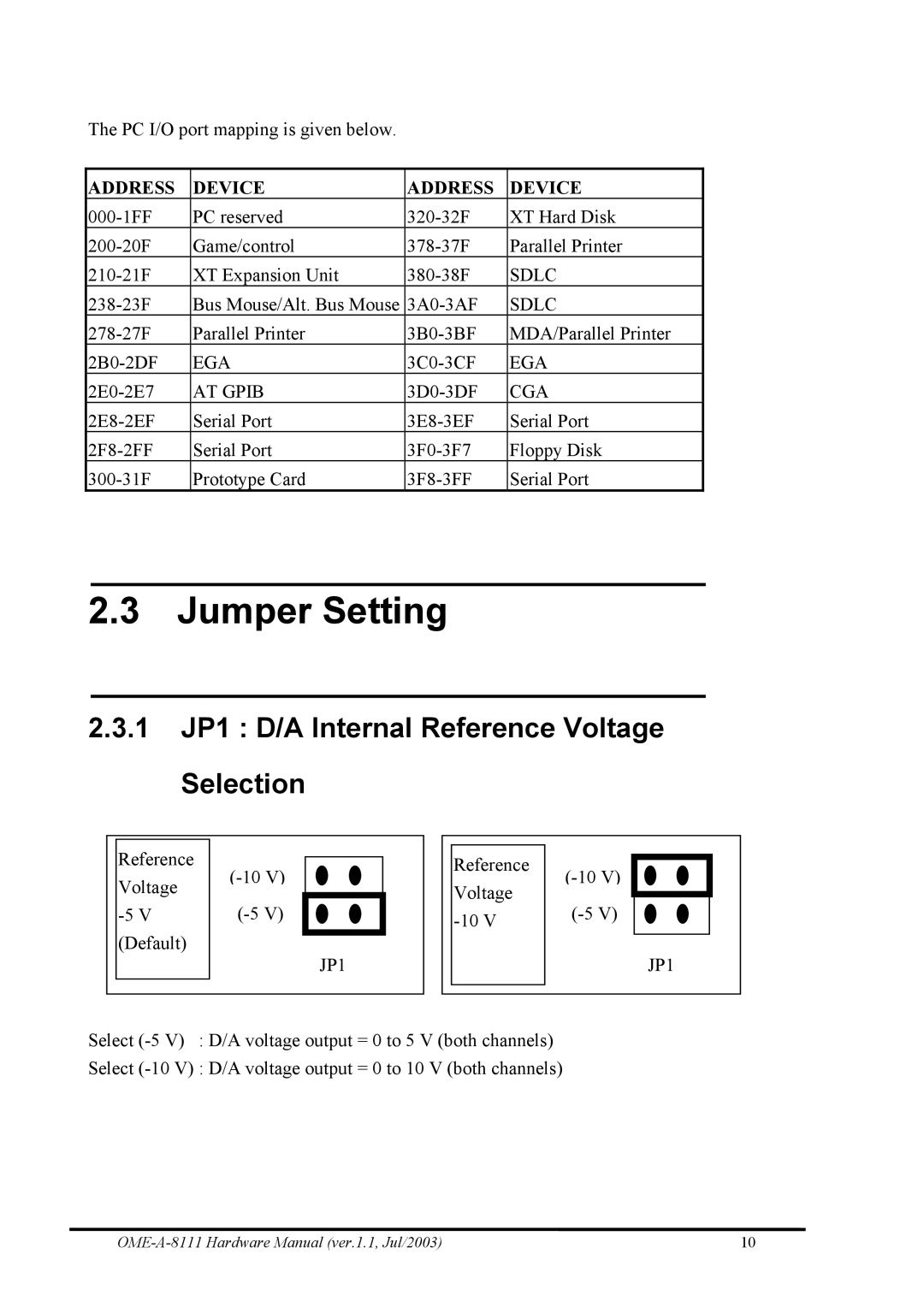 Omega Engineering OME-A8111 manual Jumper Setting, 1 JP1 D/A Internal Reference Voltage Selection 