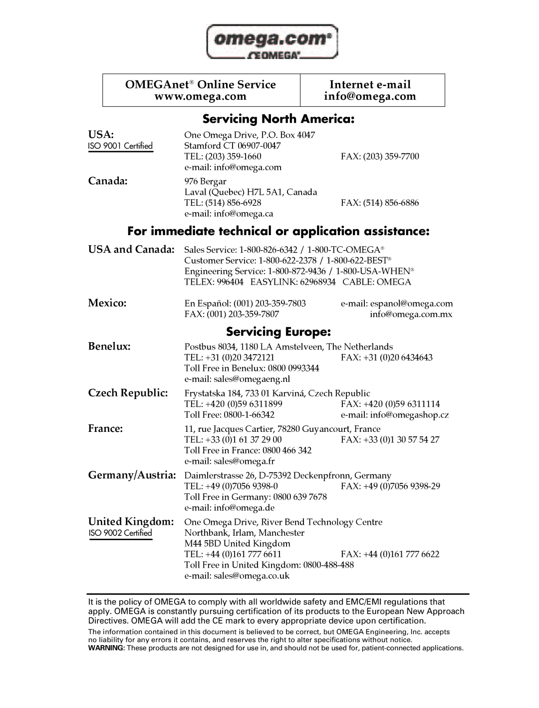 Omega Engineering OME-A8111 manual Canada, Mexico, Benelux, Czech Republic, France, Germany/Austria, United Kingdom 