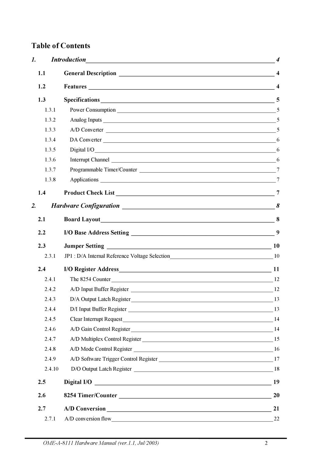 Omega Engineering OME-A8111 manual Table of Contents 