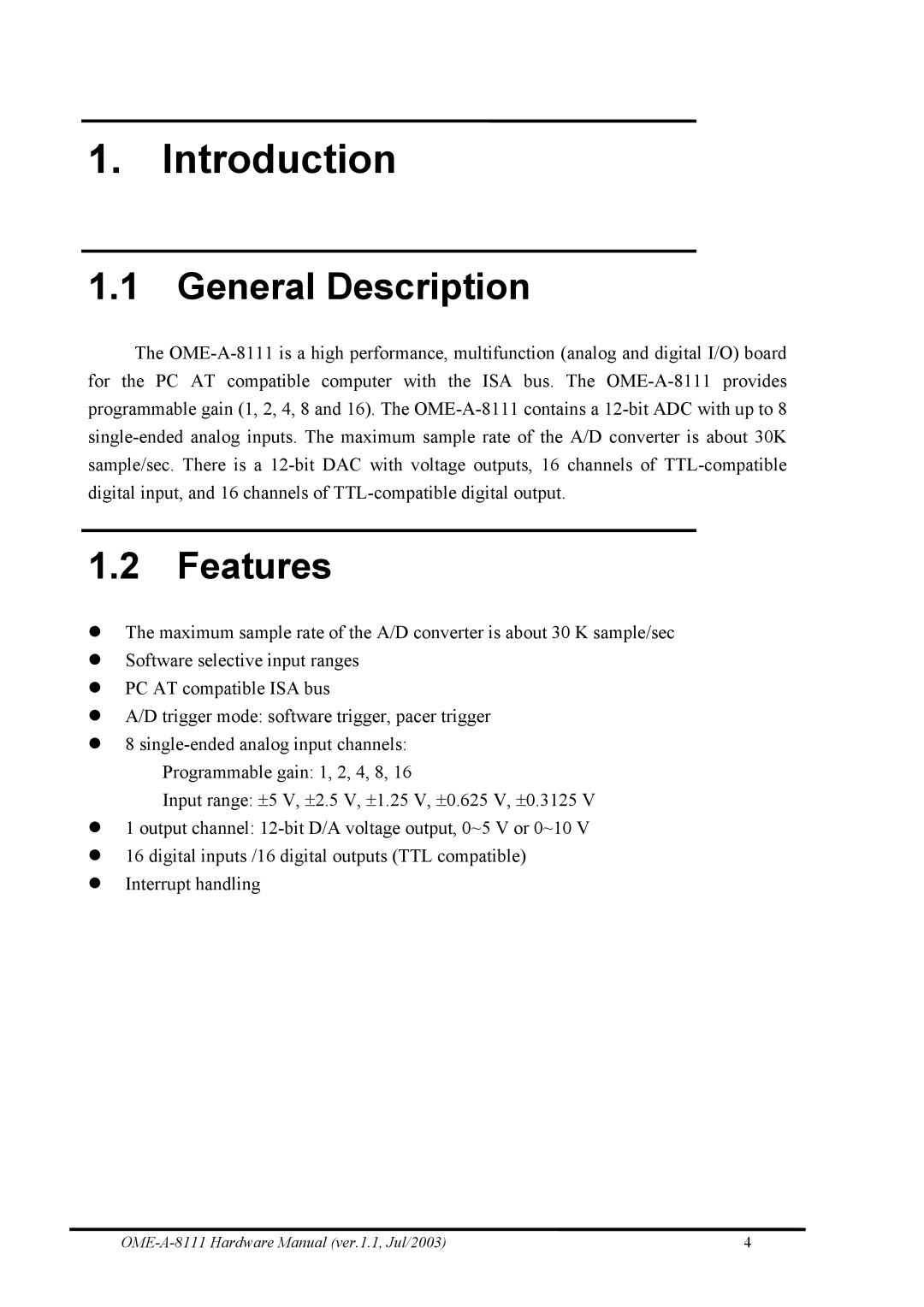 Omega Engineering OME-A8111 manual General Description, Features 