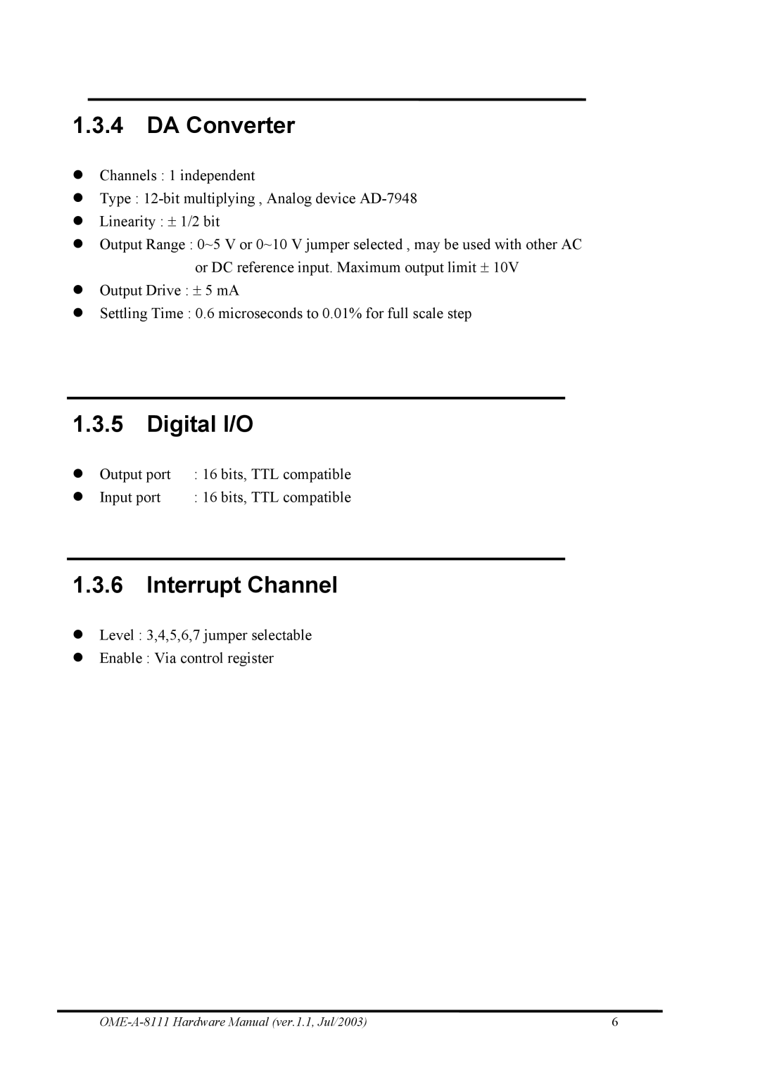 Omega Engineering OME-A8111 manual DA Converter, Digital I/O, Interrupt Channel 