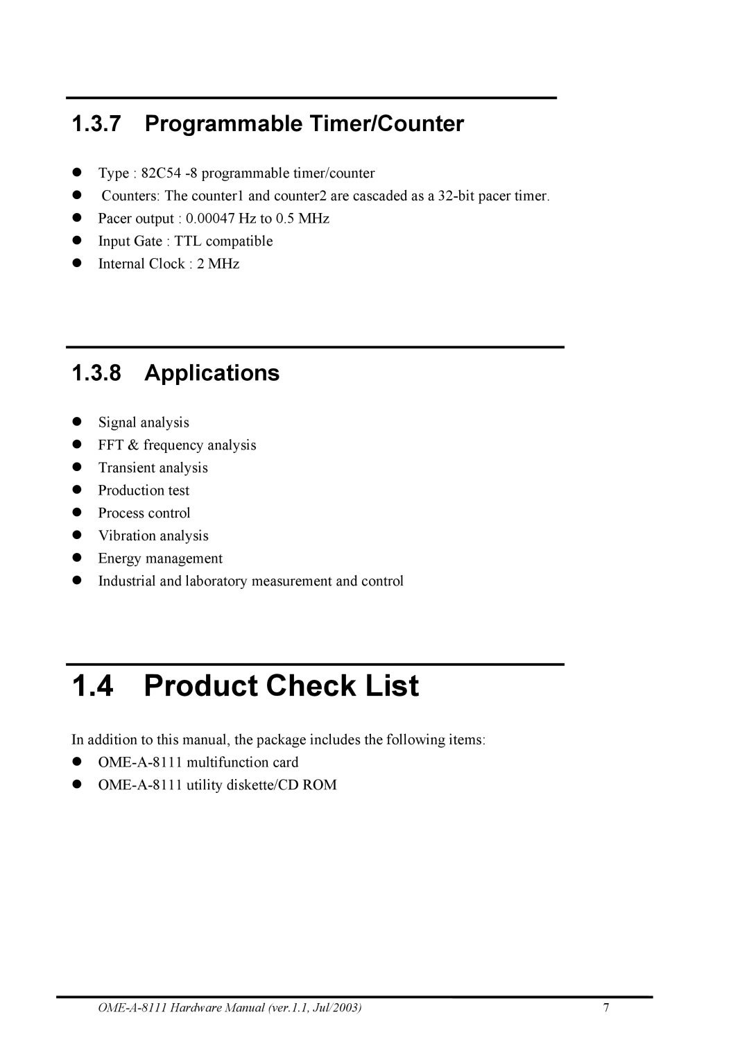 Omega Engineering OME-A8111 manual Product Check List, Programmable Timer/Counter, Applications 