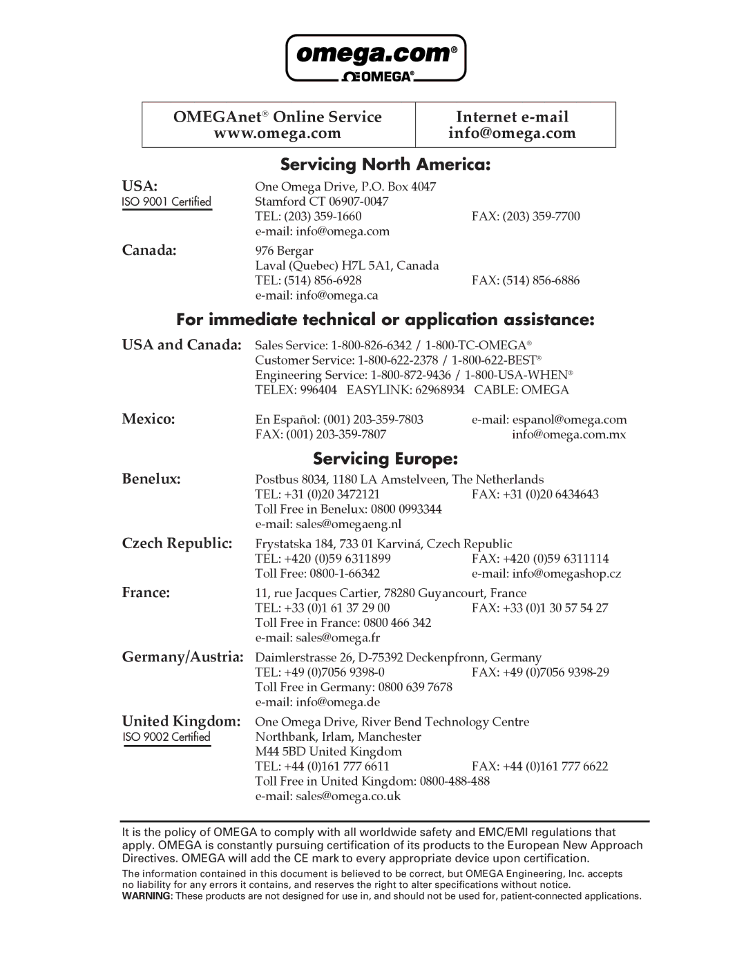 Omega Engineering OME-PIO-D96 manual Canada, Mexico, Benelux, Czech Republic, France, Germany/Austria, United Kingdom 