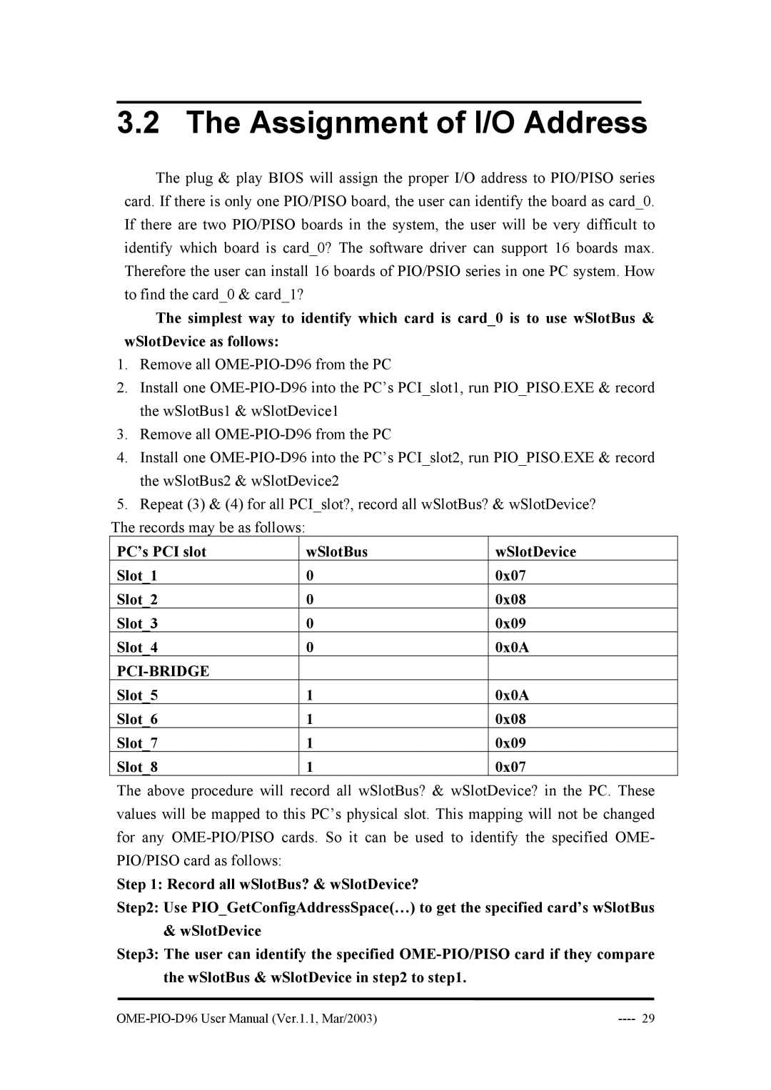 Omega Engineering OME-PIO-D96 manual Assignment of I/O Address, Slot5 0x0A Slot6 0x08 Slot7 0x09 Slot8 0x07 