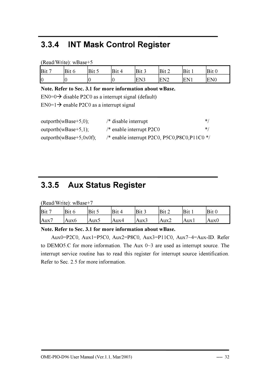 Omega Engineering OME-PIO-D96 manual INT Mask Control Register, Aux Status Register 