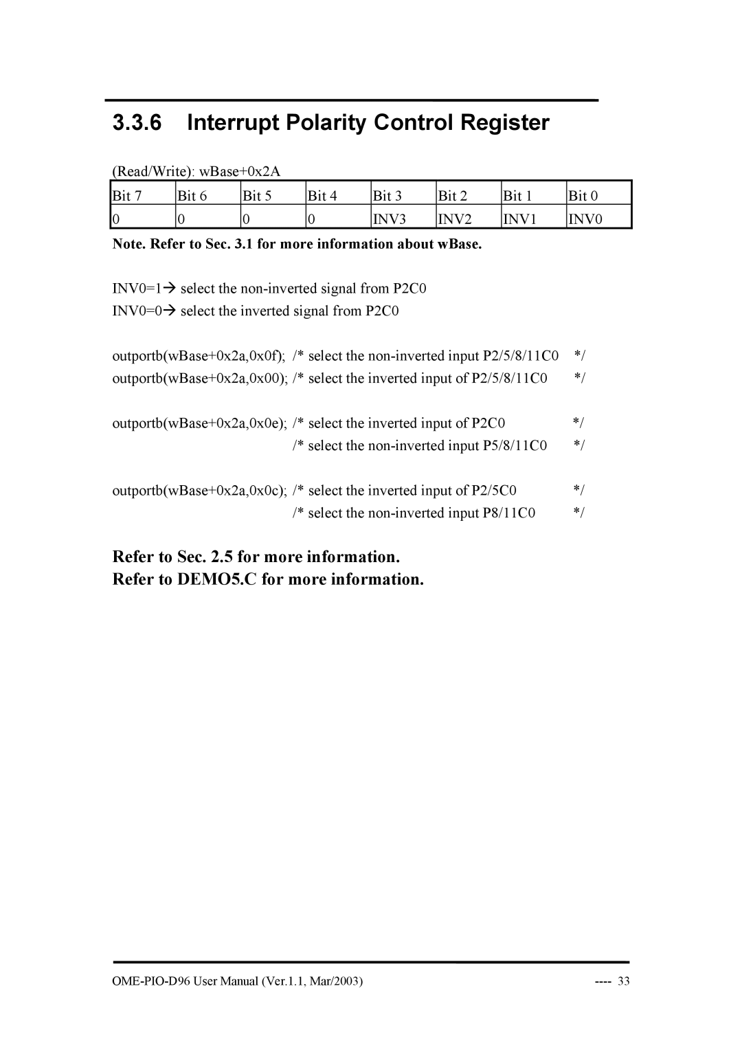 Omega Engineering OME-PIO-D96 manual Interrupt Polarity Control Register, INV3 INV2 INV1 INV0 