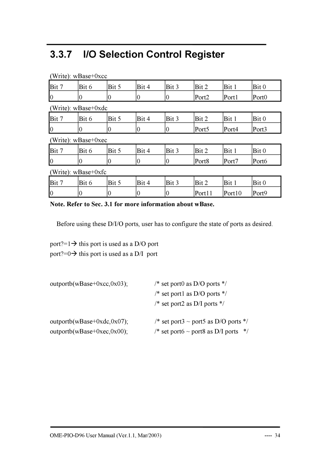 Omega Engineering OME-PIO-D96 manual 7 I/O Selection Control Register 