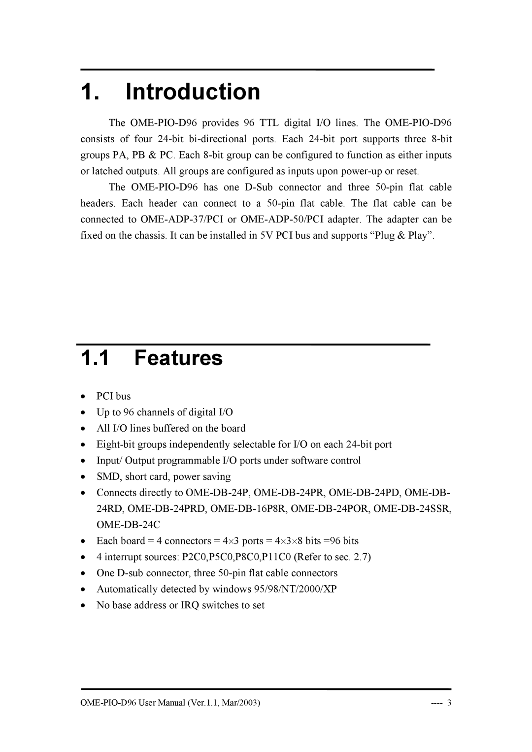 Omega Engineering OME-PIO-D96 manual Introduction, Features 