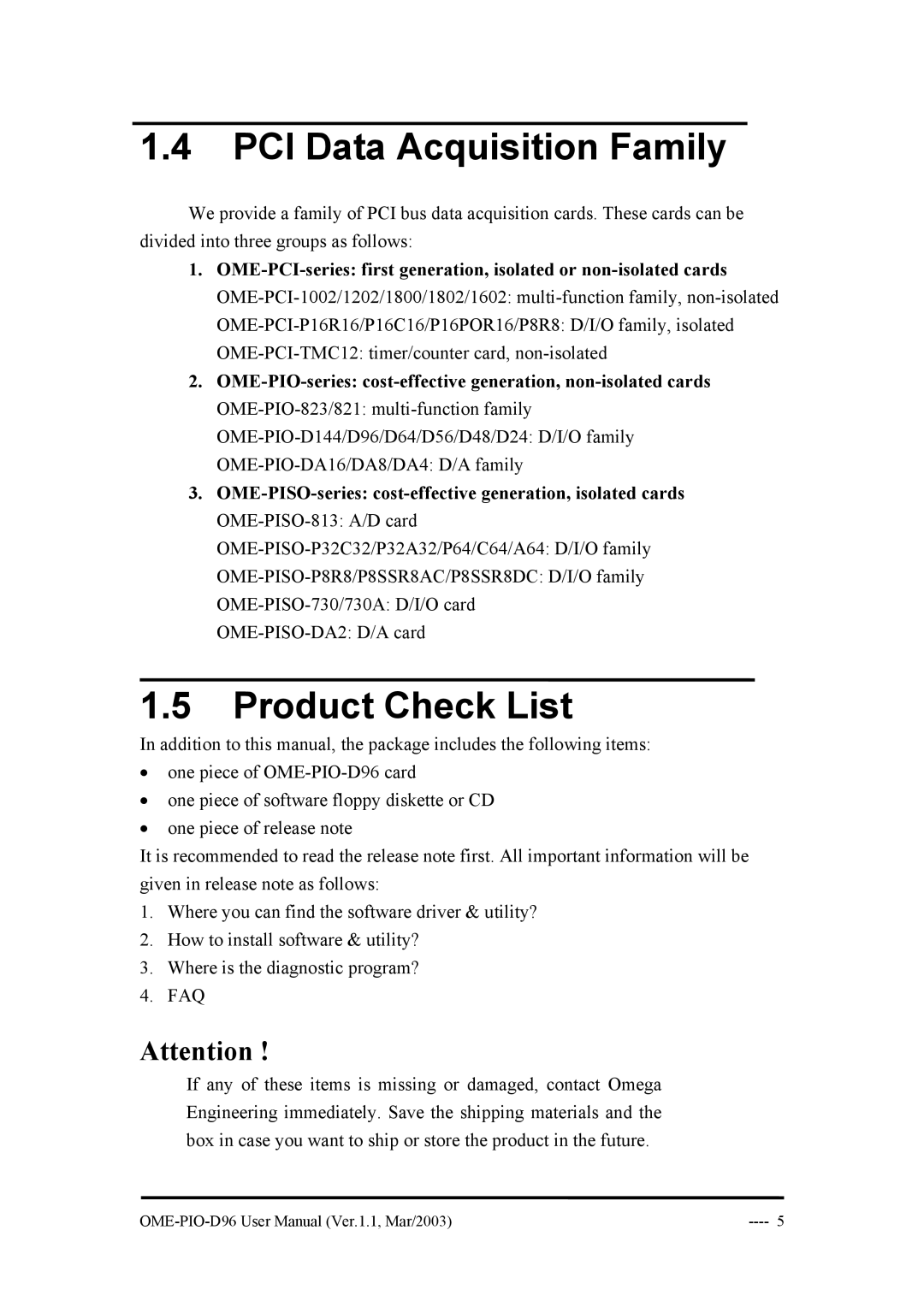 Omega Engineering OME-PIO-D96 manual PCI Data Acquisition Family, Product Check List 