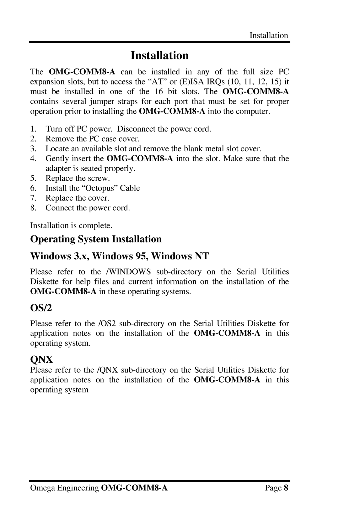 Omega Engineering OMG-COMM8-A appendix Installation, OS/2 