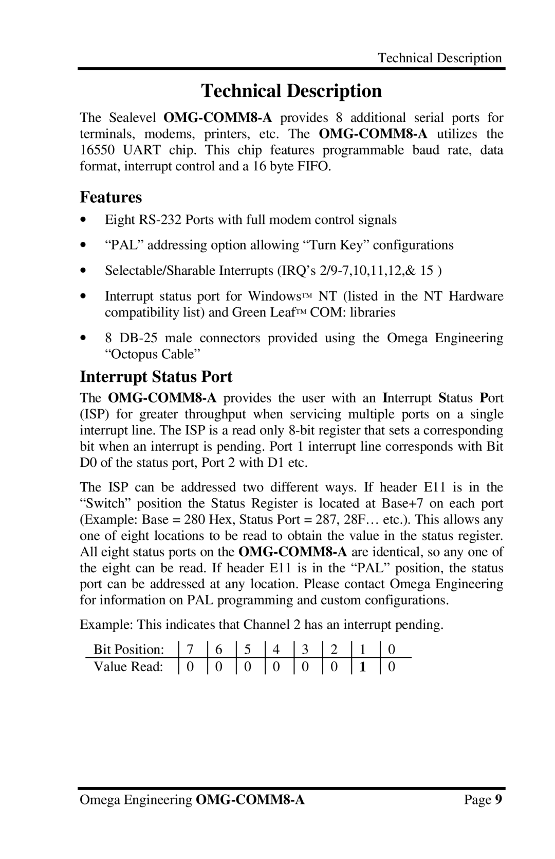 Omega Engineering OMG-COMM8-A appendix Technical Description, Features, Interrupt Status Port 