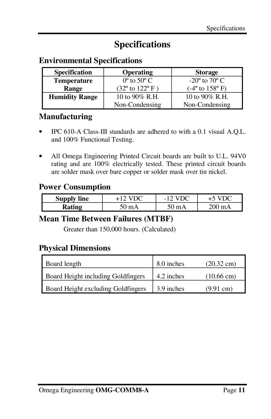 Omega Engineering OMG-COMM8-A appendix Environmental Specifications, Manufacturing, Power Consumption, Physical Dimensions 