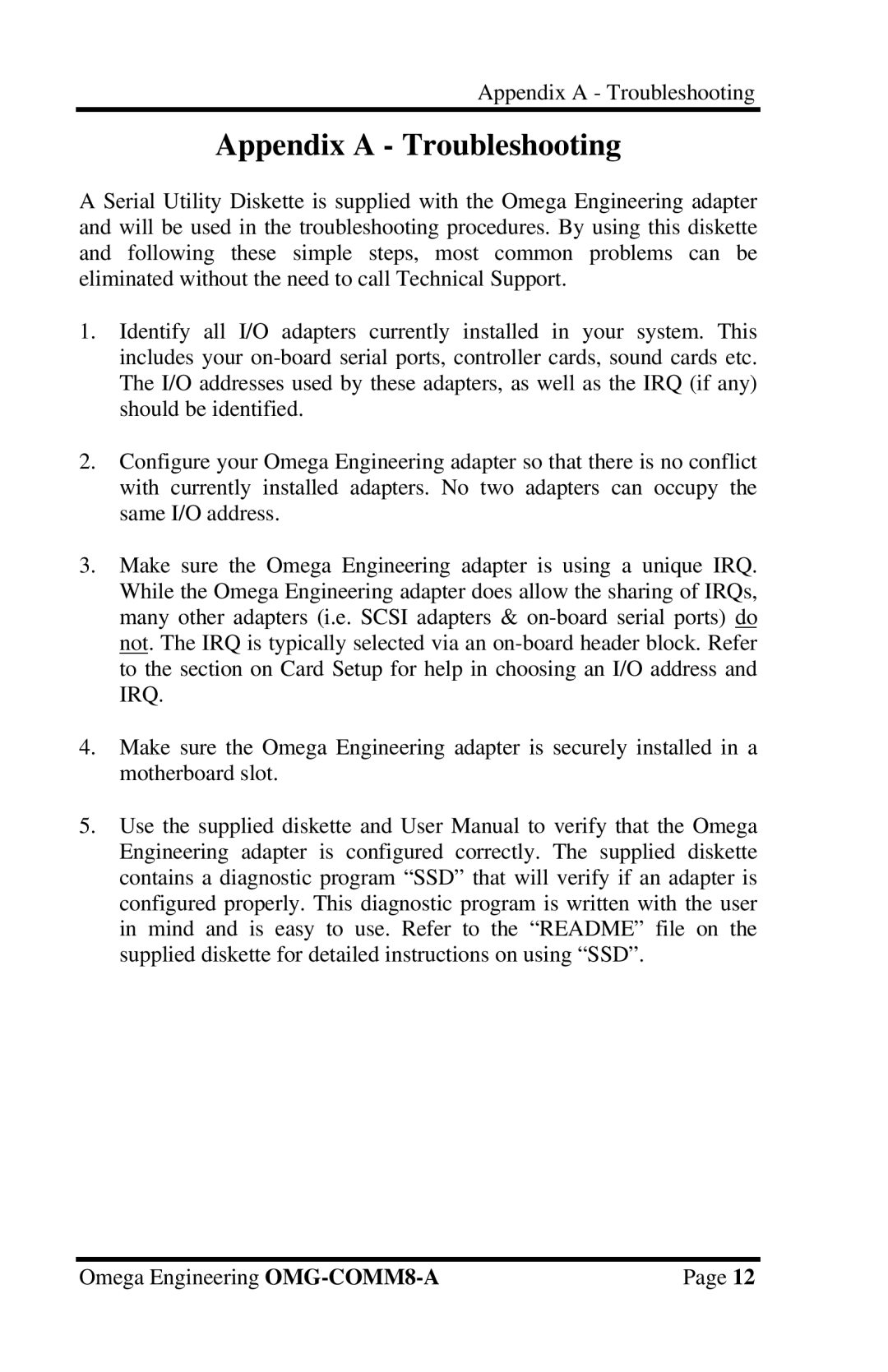 Omega Engineering OMG-COMM8-A appendix Appendix a Troubleshooting 