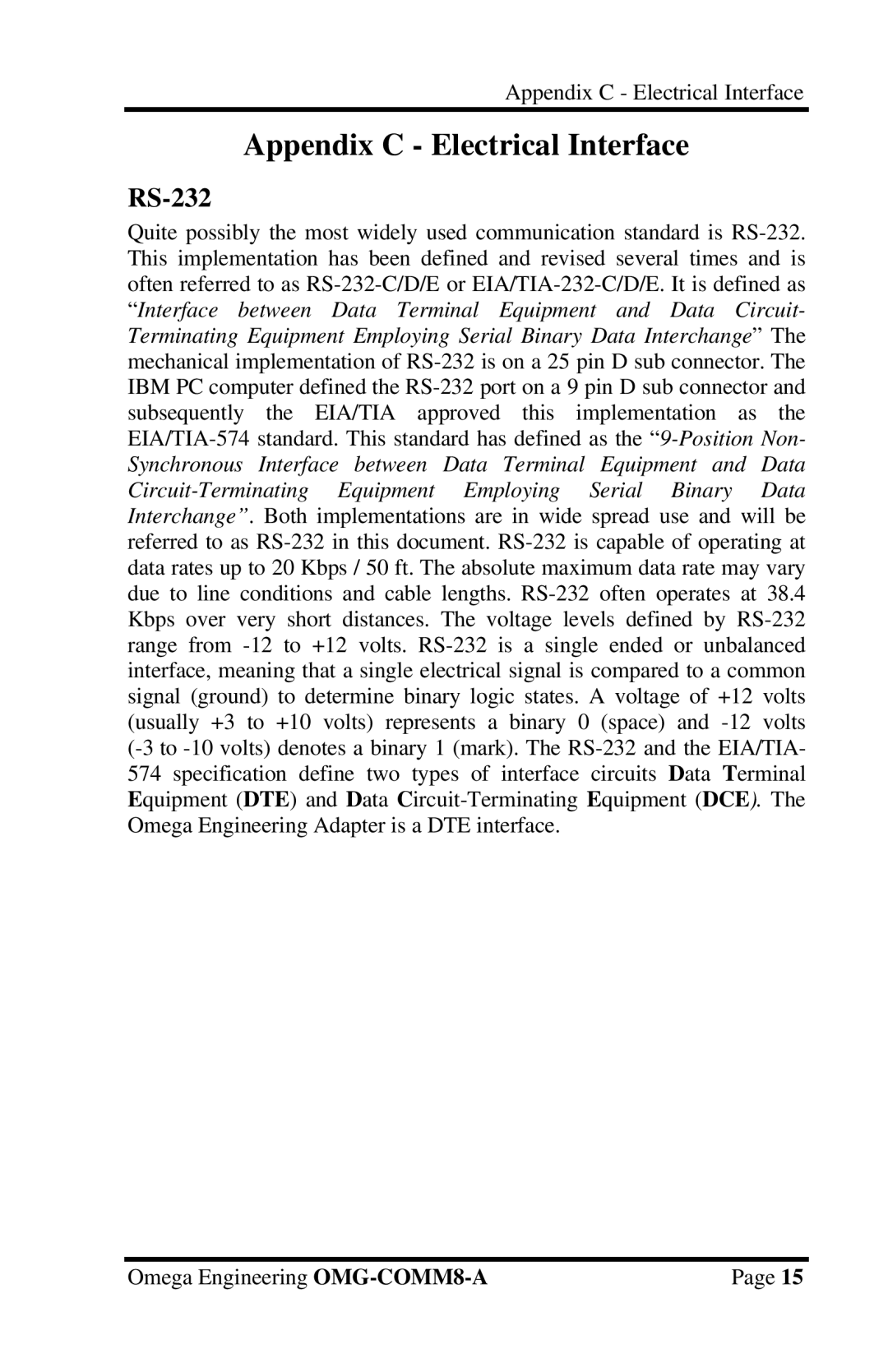 Omega Engineering OMG-COMM8-A appendix Appendix C Electrical Interface, RS-232 