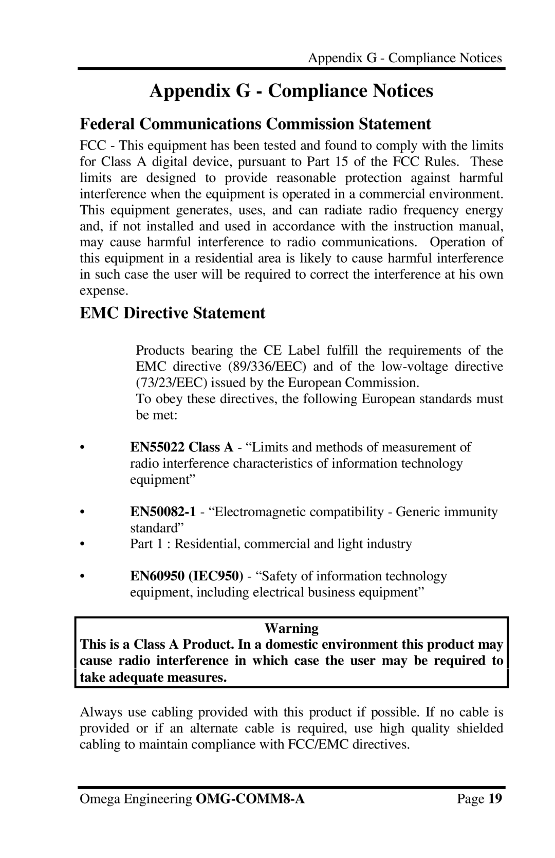 Omega Engineering OMG-COMM8-A appendix Appendix G Compliance Notices 