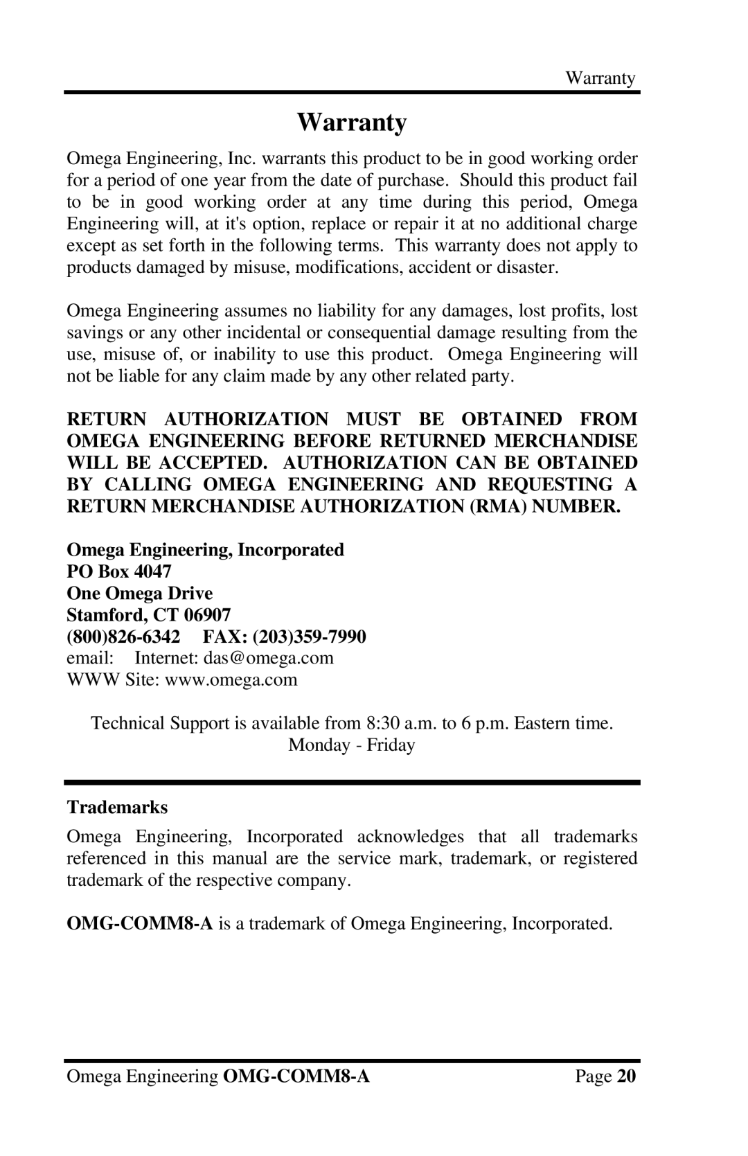 Omega Engineering OMG-COMM8-A appendix Warranty, Omega Engineering, Incorporated PO Box, Trademarks 