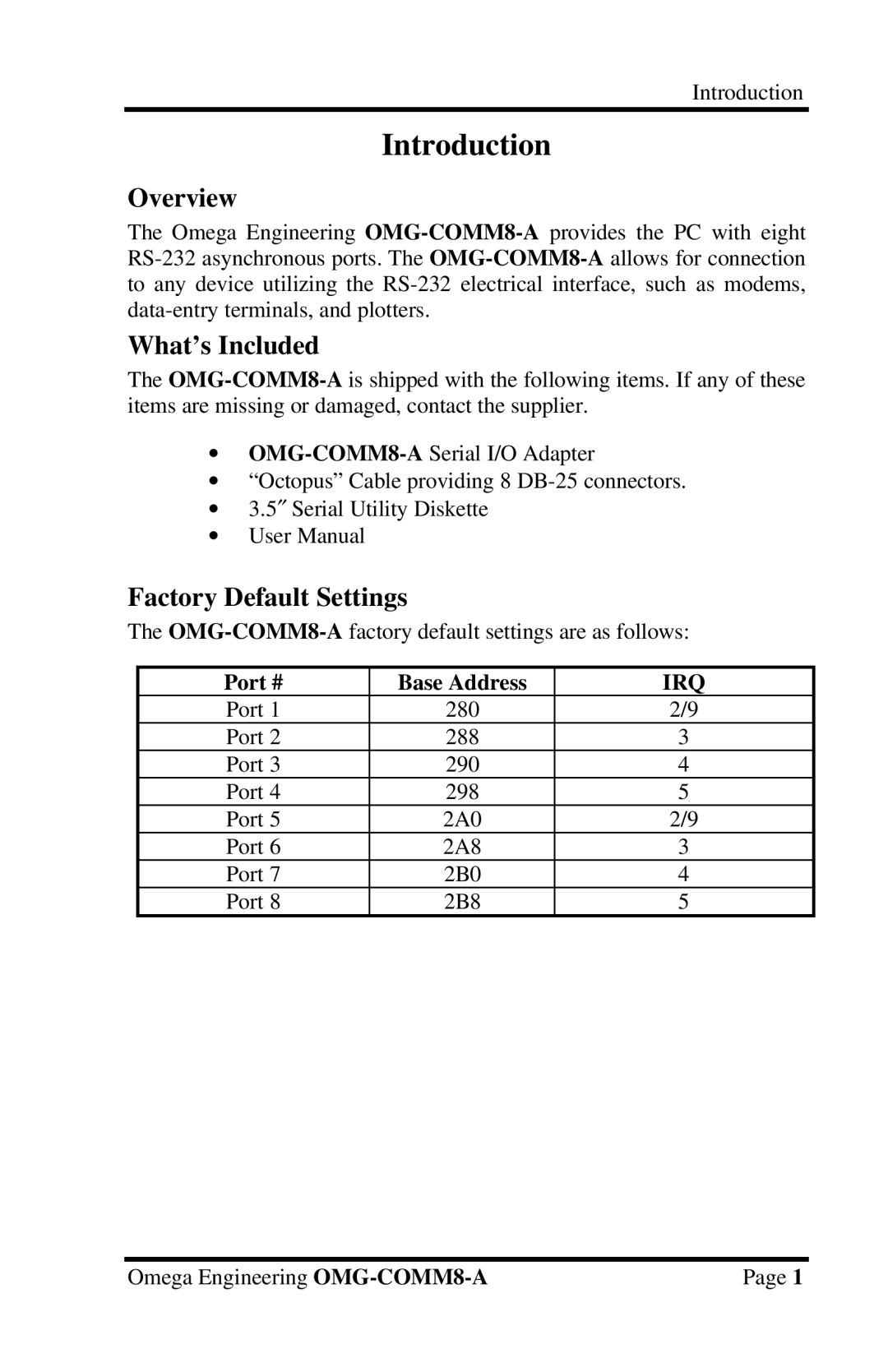 Omega Engineering OMG-COMM8-A Introduction, Overview, What’s Included, Factory Default Settings, Port # Base Address 