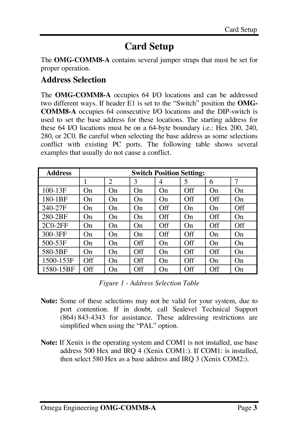 Omega Engineering OMG-COMM8-A appendix Card Setup, Address Selection, Address Switch Position Setting 