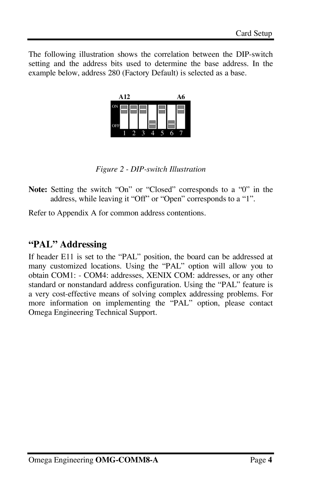 Omega Engineering OMG-COMM8-A appendix PAL Addressing, DIP-switch Illustration 