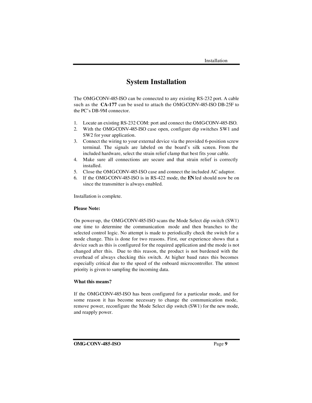 Omega Engineering OMG-CONV-485-ISO manual System Installation, Please Note 