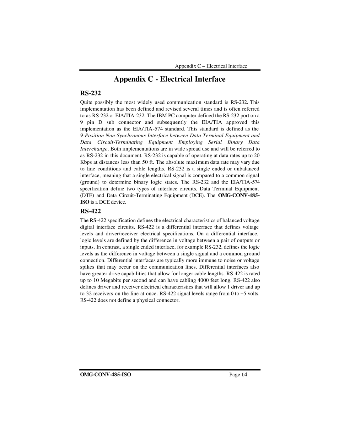 Omega Engineering OMG-CONV-485-ISO manual Appendix C Electrical Interface, RS-232, RS-422 