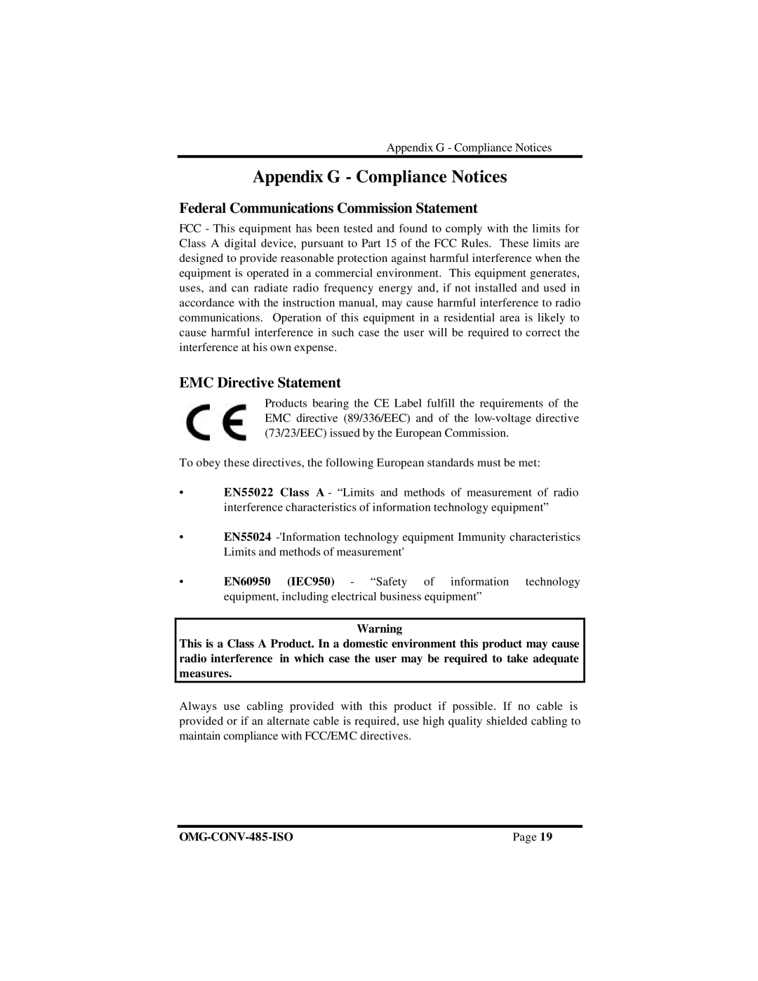 Omega Engineering OMG-CONV-485-ISO manual Appendix G Compliance Notices 