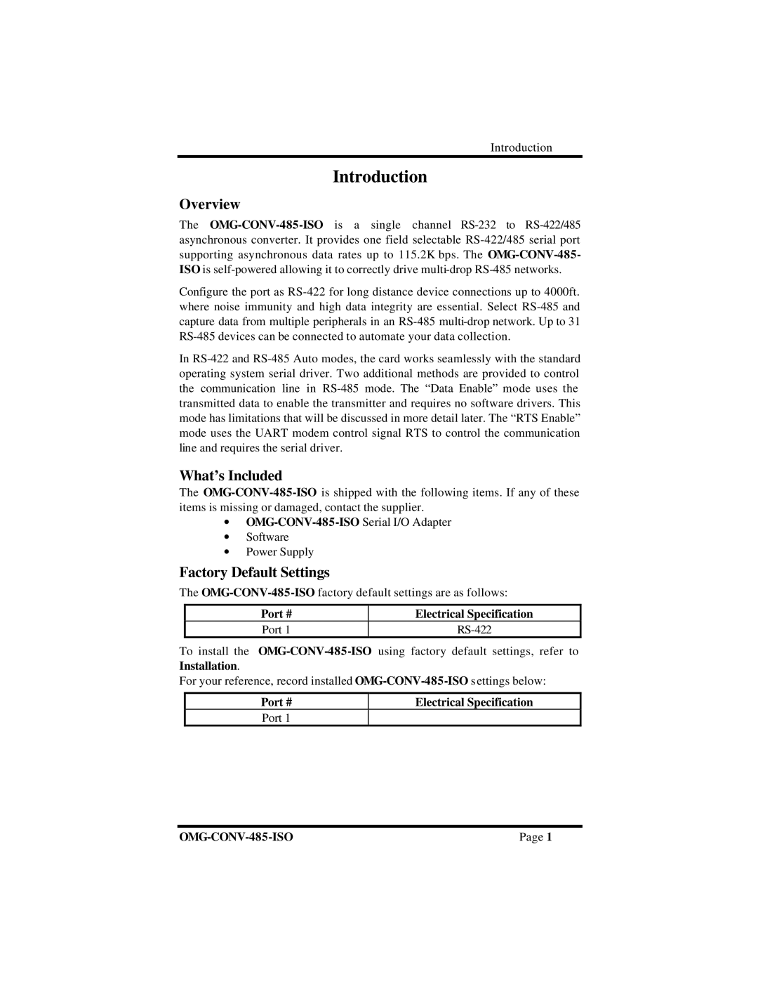 Omega Engineering OMG-CONV-485-ISO manual Introduction, Overview, What’s Included, Factory Default Settings 