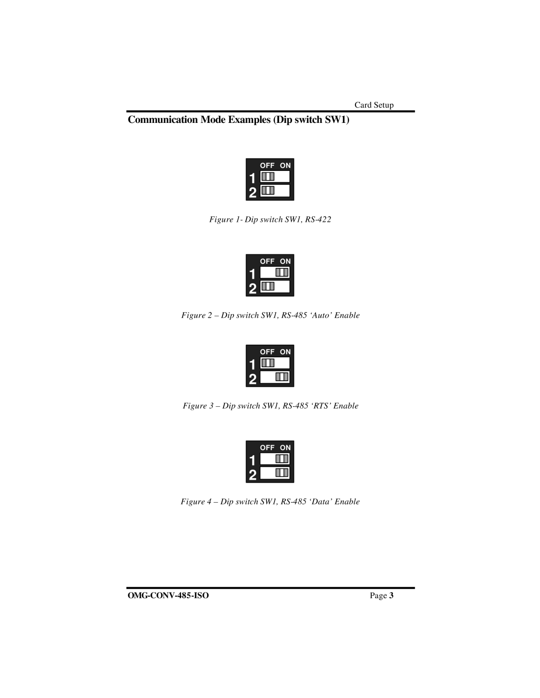 Omega Engineering OMG-CONV-485-ISO manual Communication Mode Examples Dip switch SW1, Dip switch SW1, RS-422 