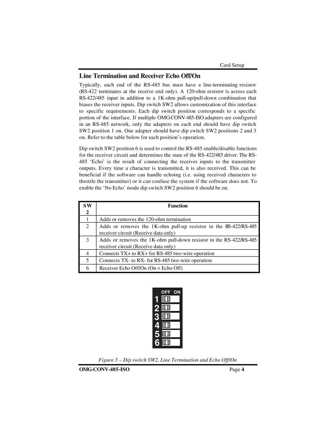 Omega Engineering OMG-CONV-485-ISO manual Line Termination and Receiver Echo Off/On, Function 