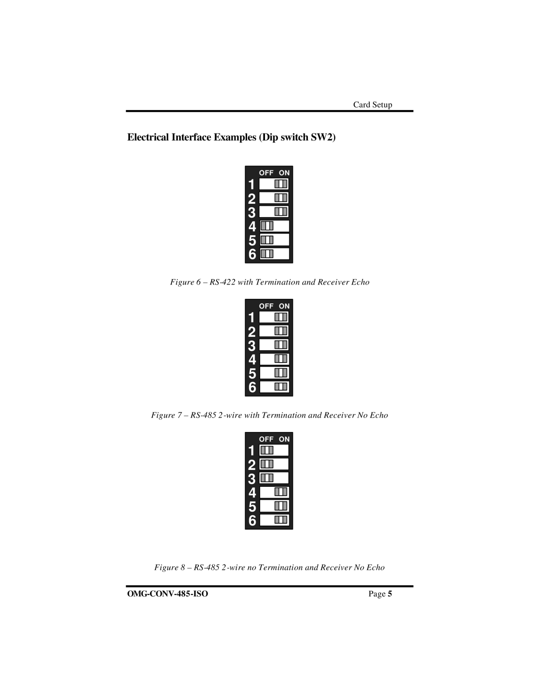 Omega Engineering OMG-CONV-485-ISO Electrical Interface Examples Dip switch SW2, RS-422 with Termination and Receiver Echo 