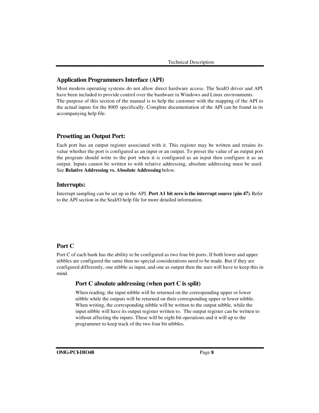 Omega Engineering OMG-PCI-DIO48 manual Application Programmers Interface API, Presetting an Output Port, Interrupts, Port C 