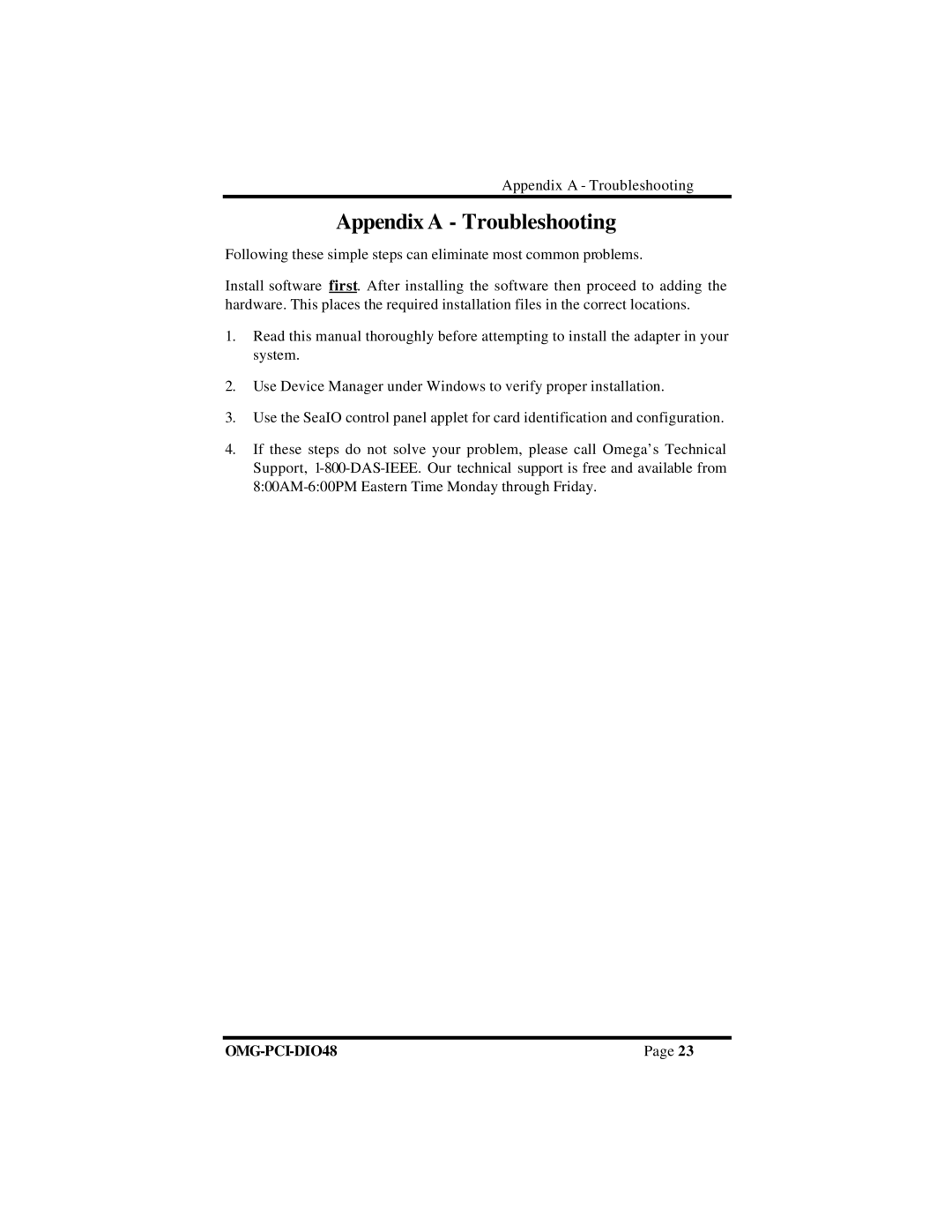 Omega Engineering OMG-PCI-DIO48 manual Appendix a Troubleshooting 