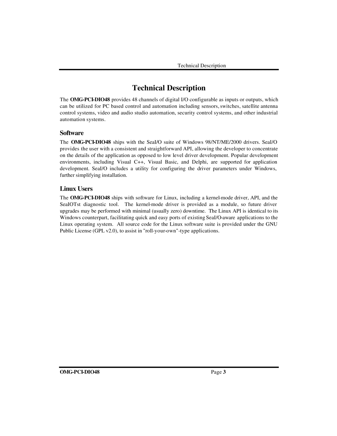 Omega Engineering OMG-PCI-DIO48 manual Technical Description, Software 