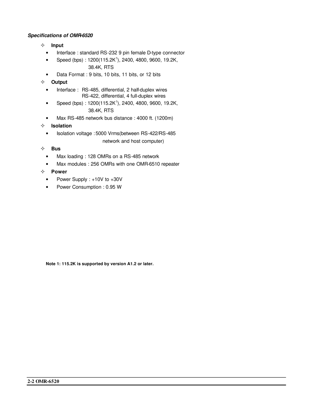 Omega Engineering OMR-6510 manual Specifications of OMR-6520, ² Input 