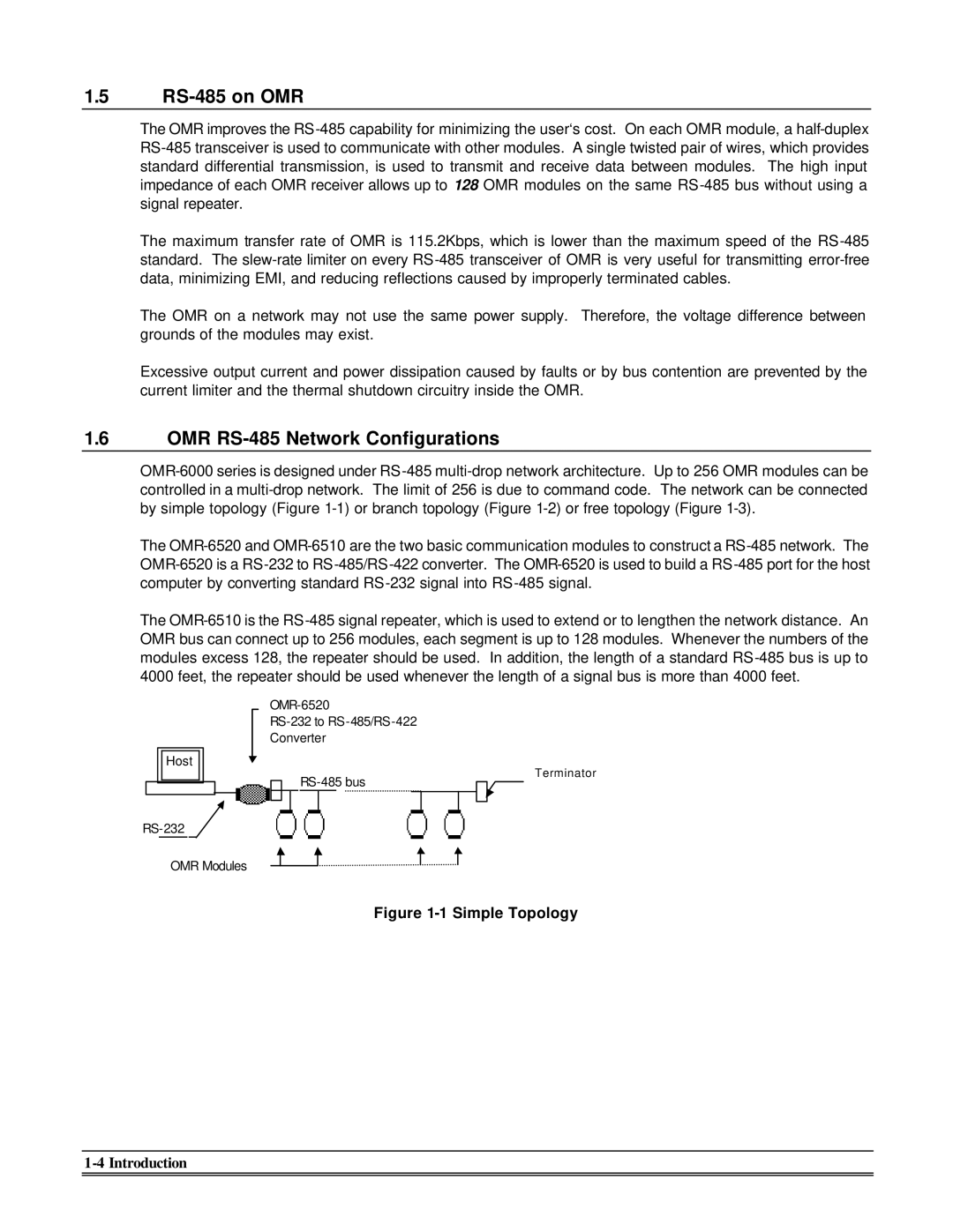 Omega Engineering OMR-6510, OMR-6520 manual RS-485 on OMR, OMR RS-485 Network Configurations 