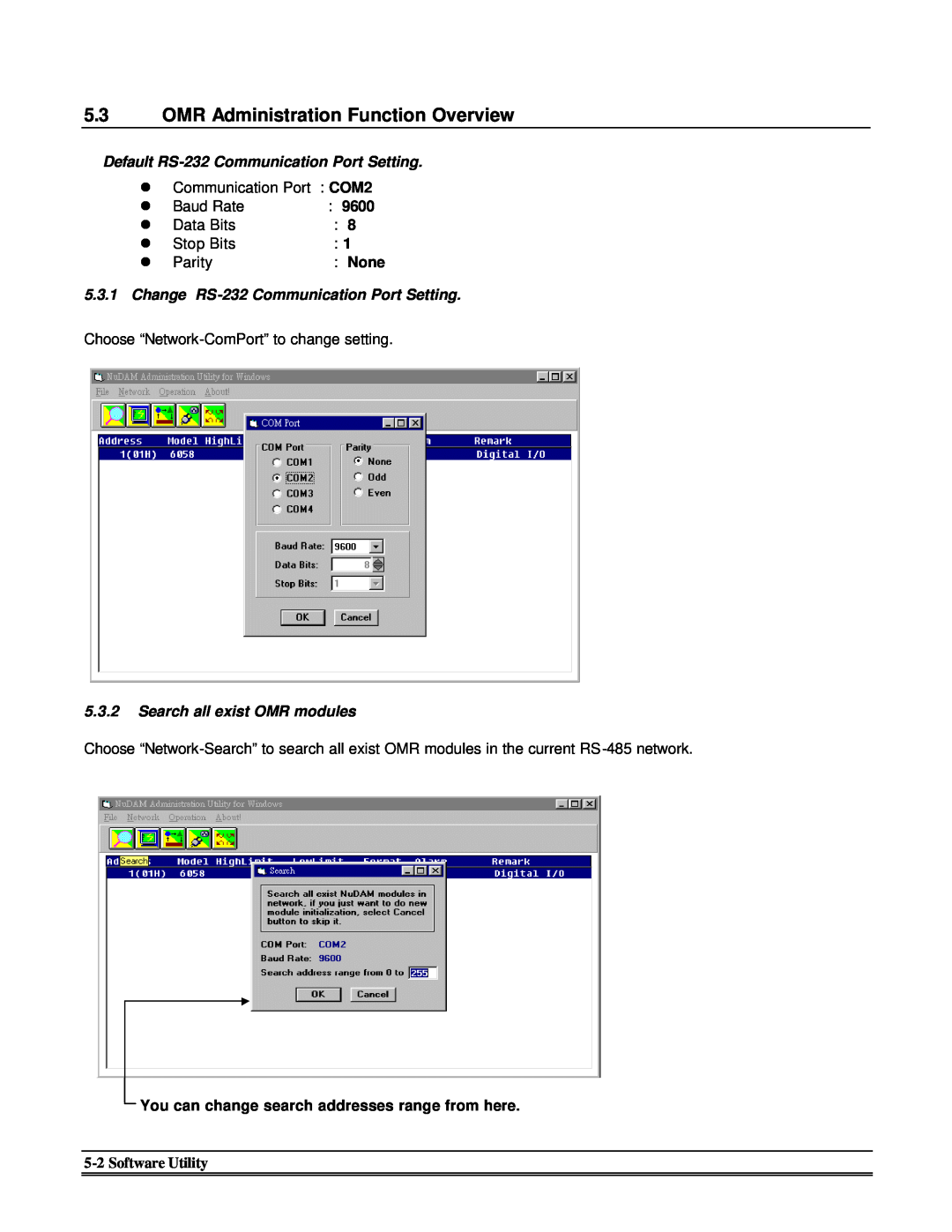 Omega Engineering OMR-6510 OMR Administration Function Overview, Default RS-232 Communication Port Setting, 9600, None 