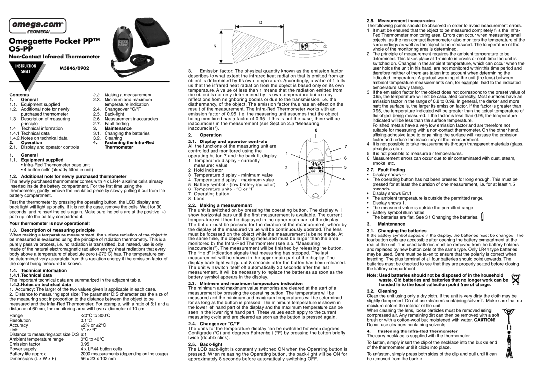 Omega Engineering OS-PP instruction sheet Non-Contact Infrared Thermometer 