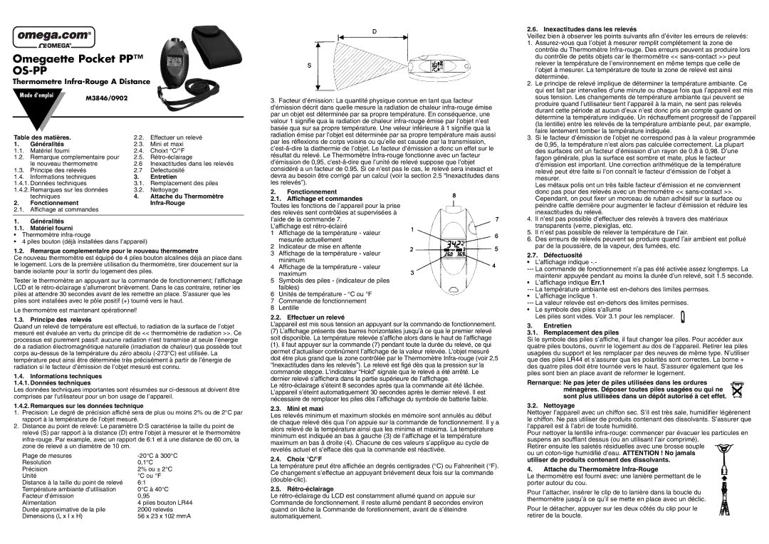 Omega Engineering OS-PP instruction sheet Thermometre Infra-Rouge a Distance 