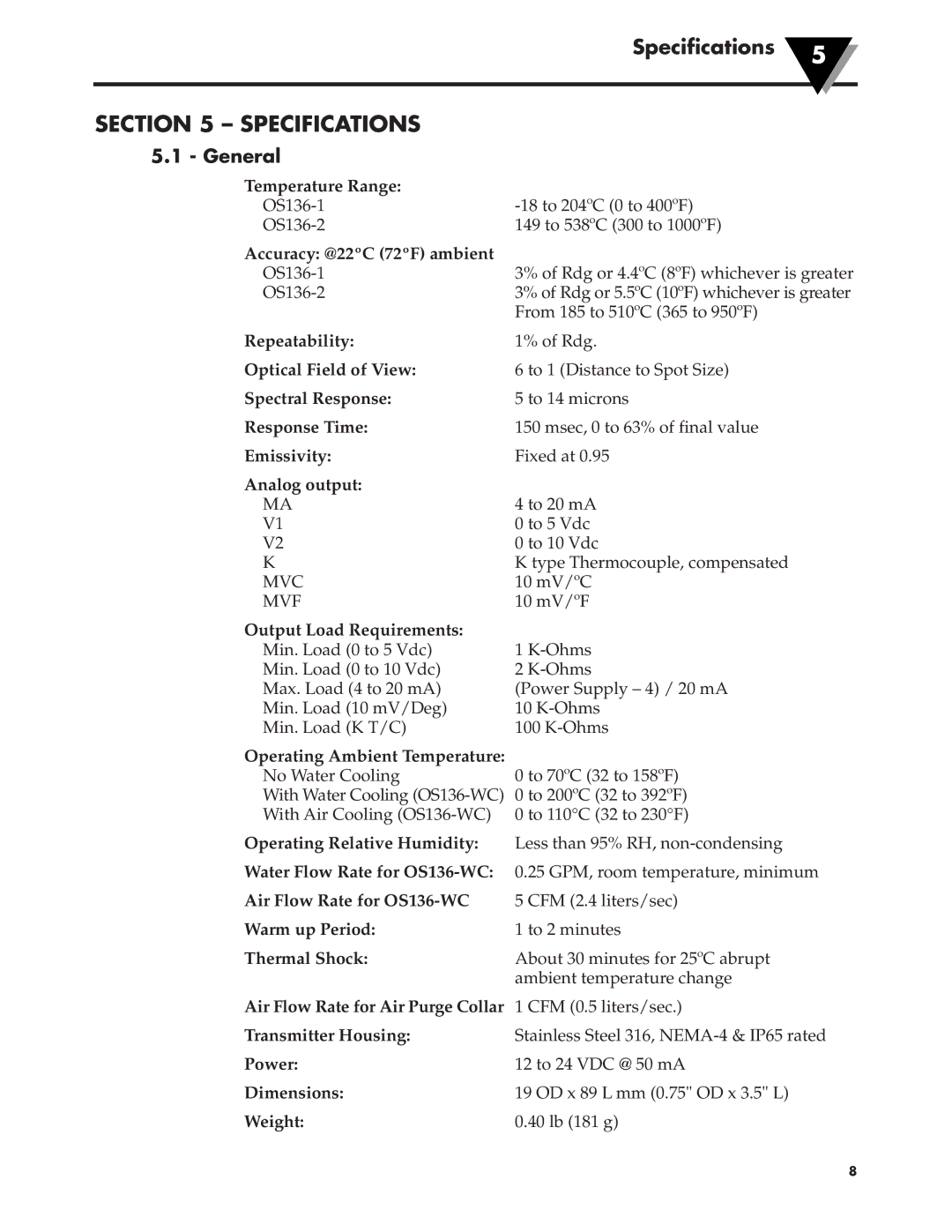 Omega Engineering OS136 manual Specifications, General 