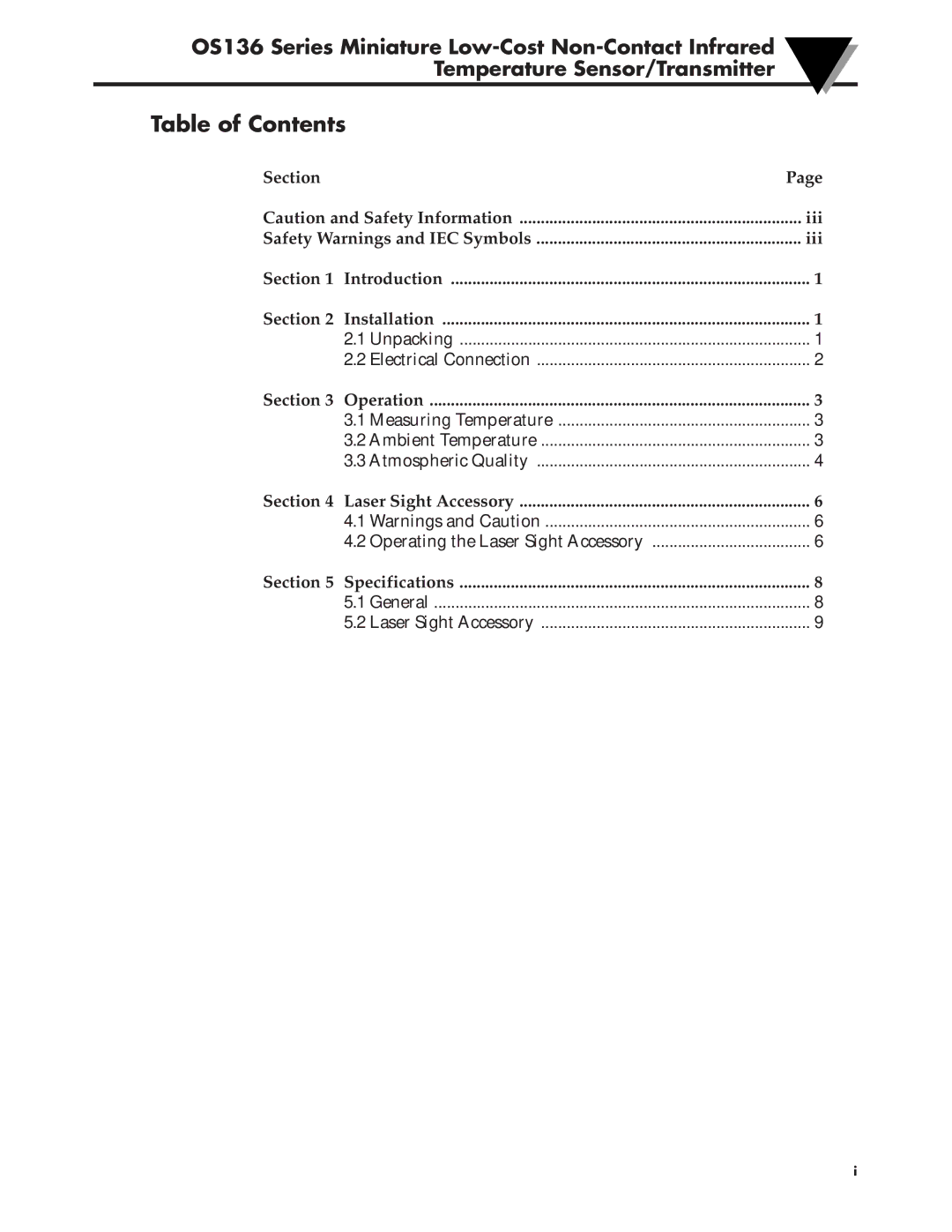 Omega Engineering OS136 manual Table of Contents 