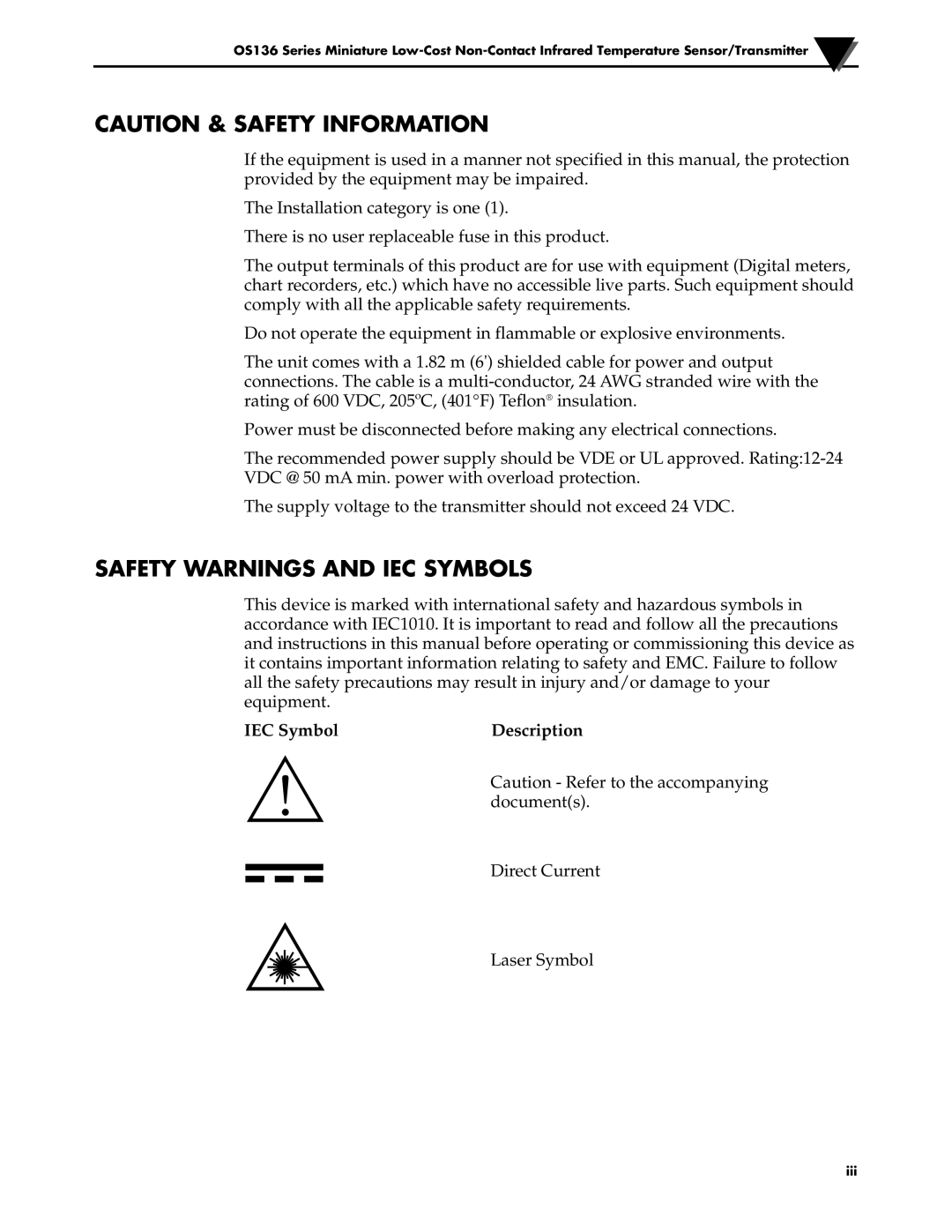 Omega Engineering OS136 manual Safety Warnings and IEC Symbols 