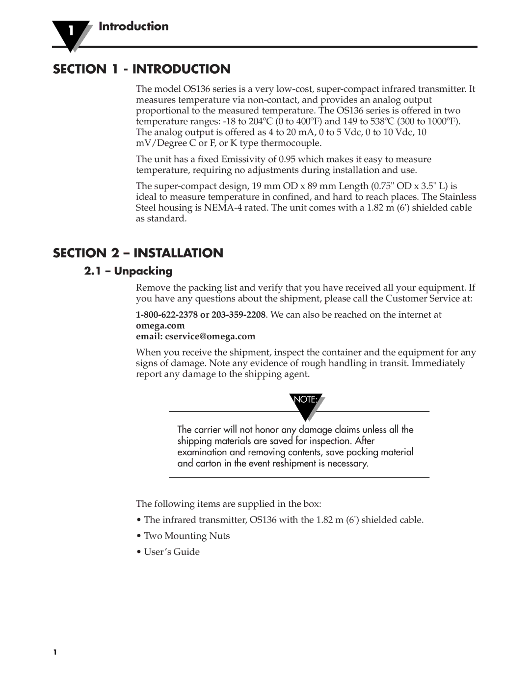 Omega Engineering OS136 manual Introduction, Installation, Unpacking 