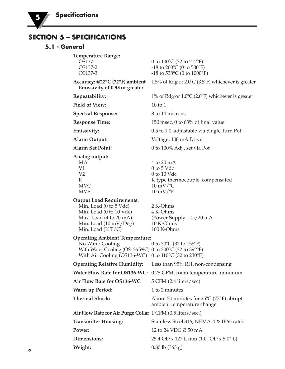 Omega Engineering OS137 manual Specifications, General 