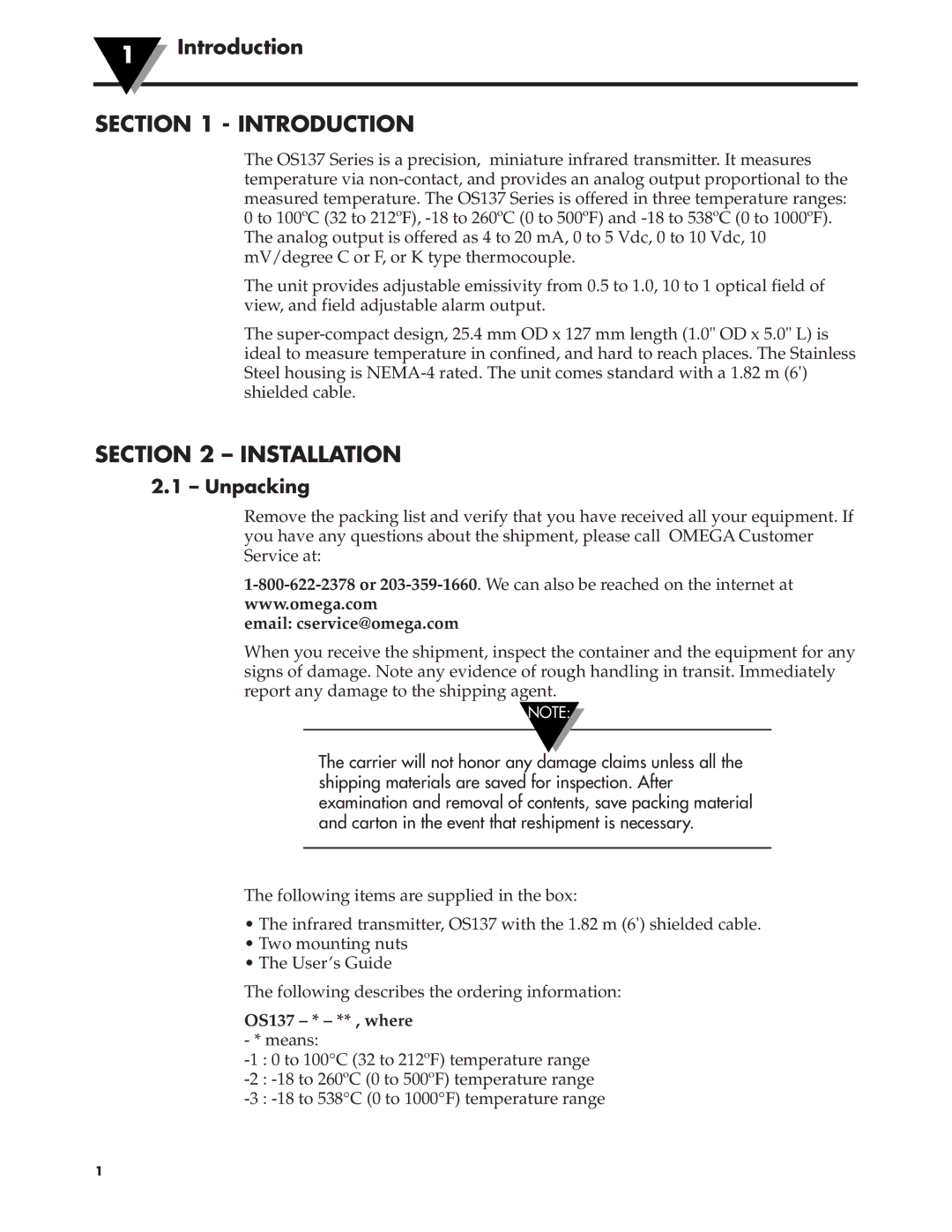 Omega Engineering OS137 manual Introduction, Installation, Unpacking 