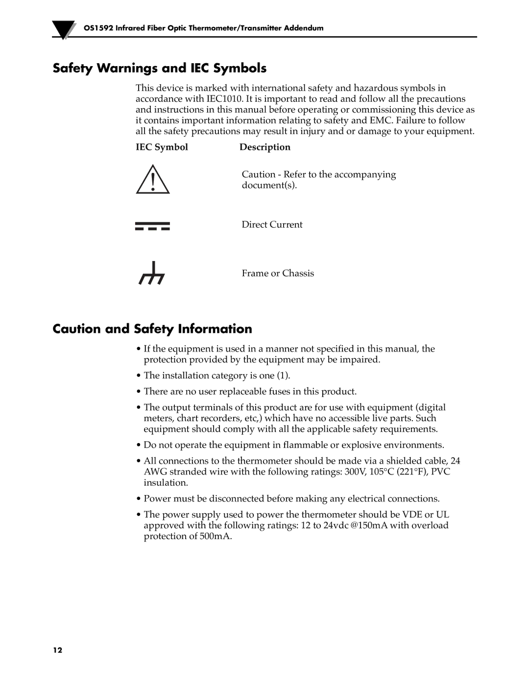 Omega Engineering OS1592 manual Safety Warnings and IEC Symbols 