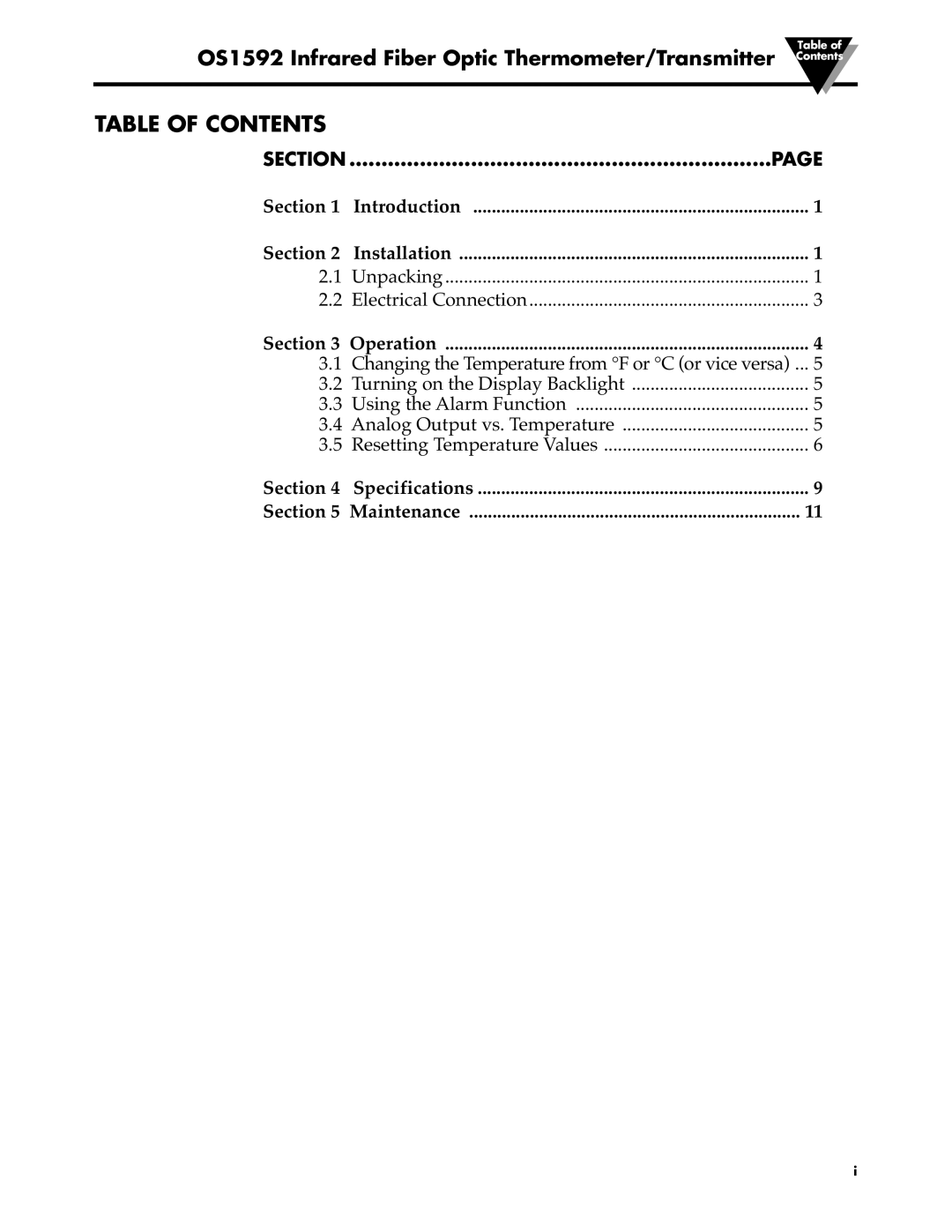 Omega Engineering OS1592 manual Table of Contents 